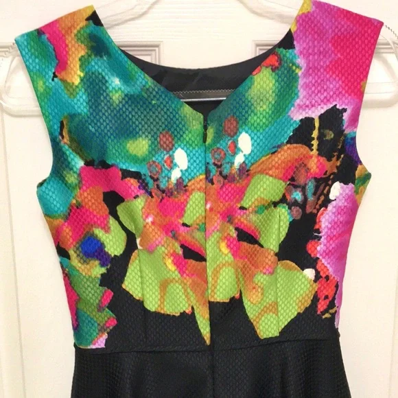 Tahari Vibrant Watercolor Fit and Flare Dress - Picture 14 of 16